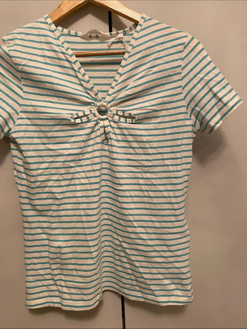 NAF NAF Light Blue & White Striped V-Neck Tee with Knot Ring size S - Picture 2 of 3
